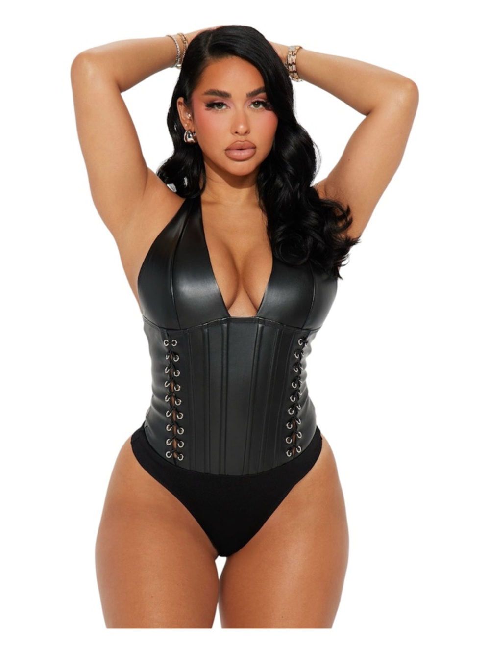 Fashion Nova Black Faux Leather Lace-Up Halter Bodysuit